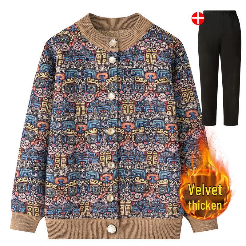 Women's Fleece-Lined Knitted Cardigan - Warm Autumn Winter Jacket for Elderly Ladies