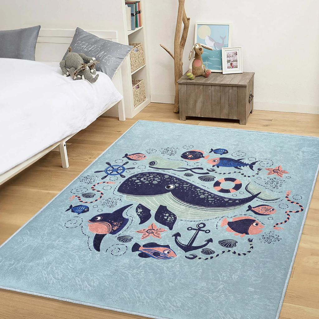 Orca Interactive Play Rug Whale Creative Learning Carpet Beluga Rug Ocean Giant Fish Playroom Mat Anti Slip Mat for Kid Playroom