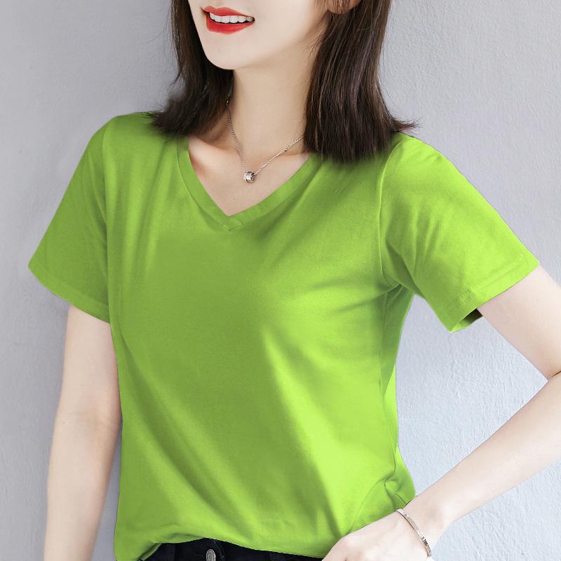 Women's 2022 Green Heart-Shaped V-Neck Short-Sleeve Cotton T-Shirt - Trendy Summer Wear
