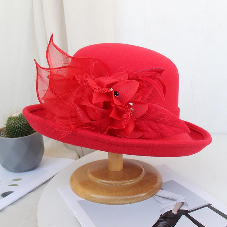 Autumn And Winter Curled Feather Flower Woolen Top Hat Women'S British Retro Casual Bucket Hat Mesh Basin Hat Tide