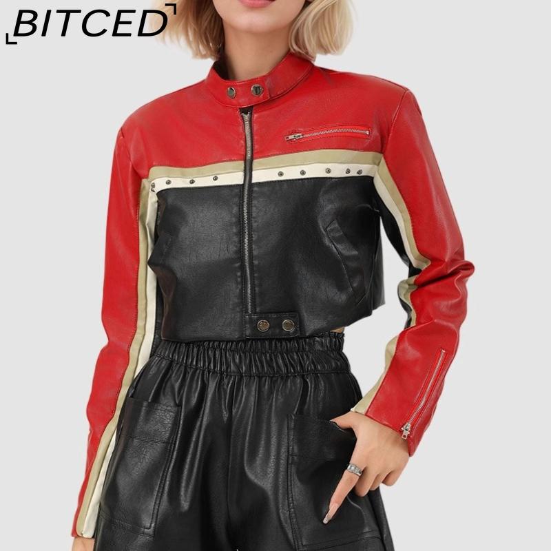 BITCED Color-Blocked PU Leather Waist-Exposing Cool-Chic Women's Jacket Biker Outfit