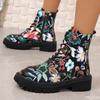 Große Größe Frühling und Herbst Lässige Dicke Sohle Bedruckte Damen Kurzstiefel Runde Spitze Blumen Hohe Damenstiefel