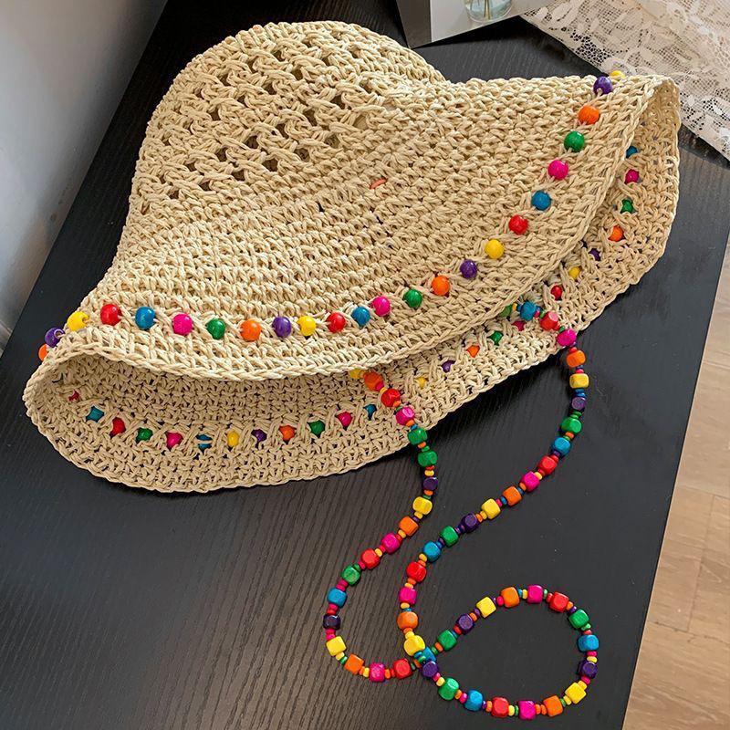 

Elegant Pastoral Beaded Straw Hat: Foldable, Handcrafted, Colorful, Large Brim Sun Protection for Women