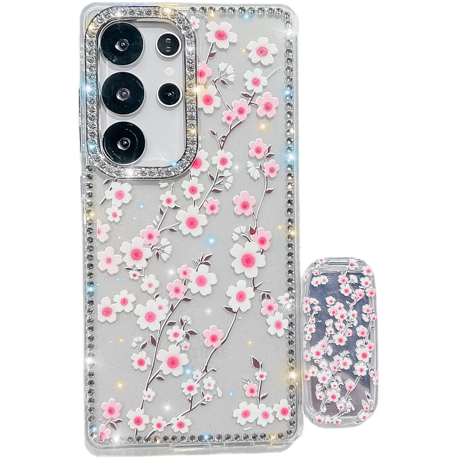 

For Samsung Galaxy S25 Ultra Case with Straight Mirror Kickstand Rhinestone Edge Flower TPU+PC IMD Phone Cover