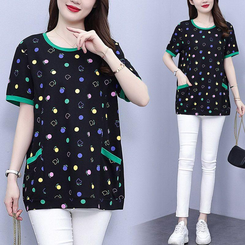 Female Clothing Casual Printed T-shirt Stylish Contrasting Colors Pockets Spliced 2024 Summer Loose Commute Round Neck Pullovers