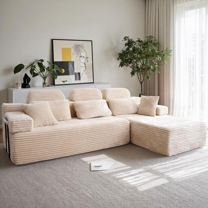 Reversible corner sofa with chaise longue, high back modular sofa, deep seat sofa bed without assembly beige