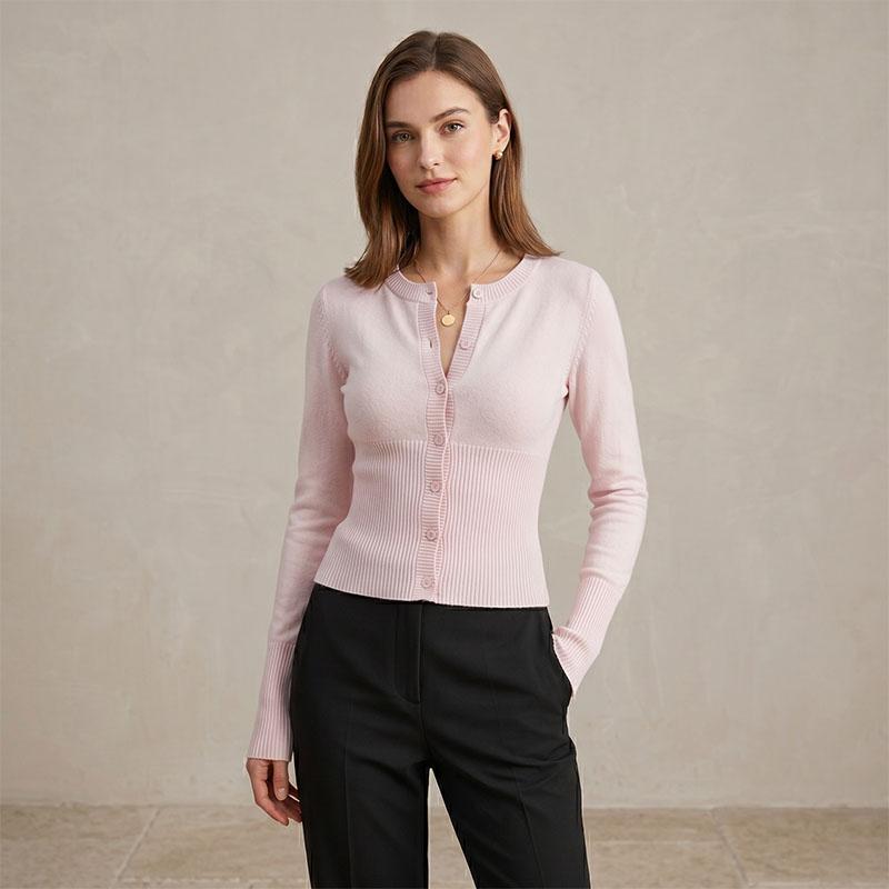 Women Soft Fine Knit Slim Cardigan, Long Sleeve Button Up Crew Neck Sweater Top For Autumn Winter