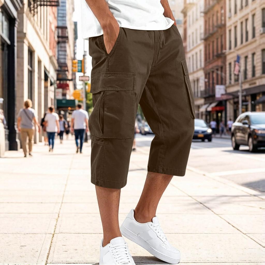 Men Cargo Shorts with Drawstring Waist Multi Pocket Design Casual Mid Length Workwear Pants for Outdoor Activities and Everyday Use