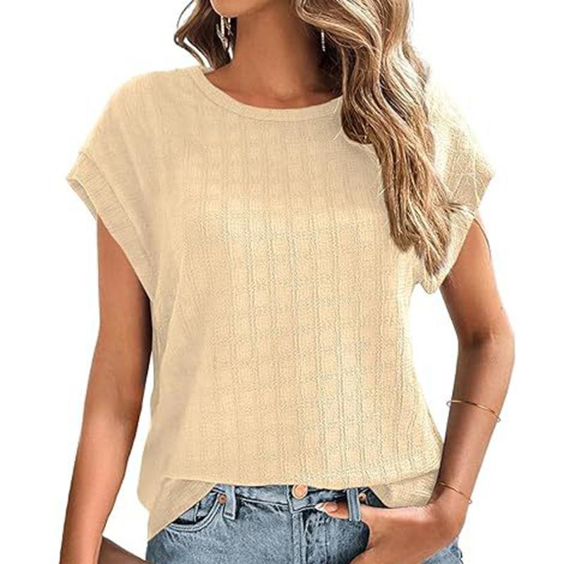 Ladies Summer Short Sleeve O Neck Solid Color Jacquard Plaid Pullover T Shirt Top
