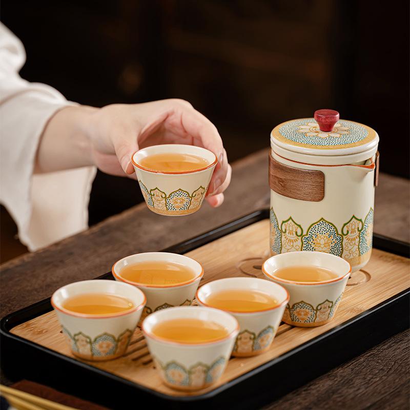 The Whole Set of Tea Sets Is Portable, Kung Fu Ru Kiln Ancient Rhyme Set, with Tea Tray, Outdoor Ceramic Express Cup, Company Business Gifts