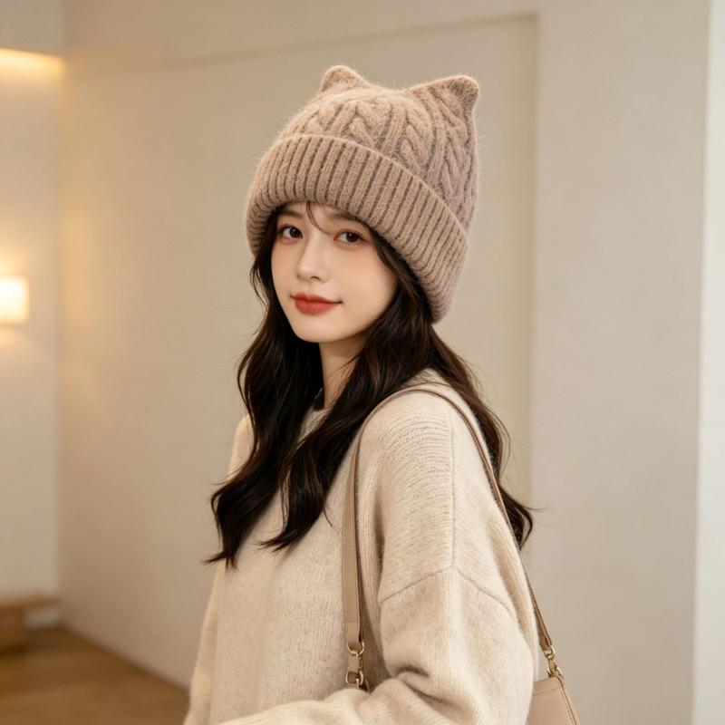 Women S Cat Ear Knit Beanie Warm Soft Twisted Wool Hat Cute Casual