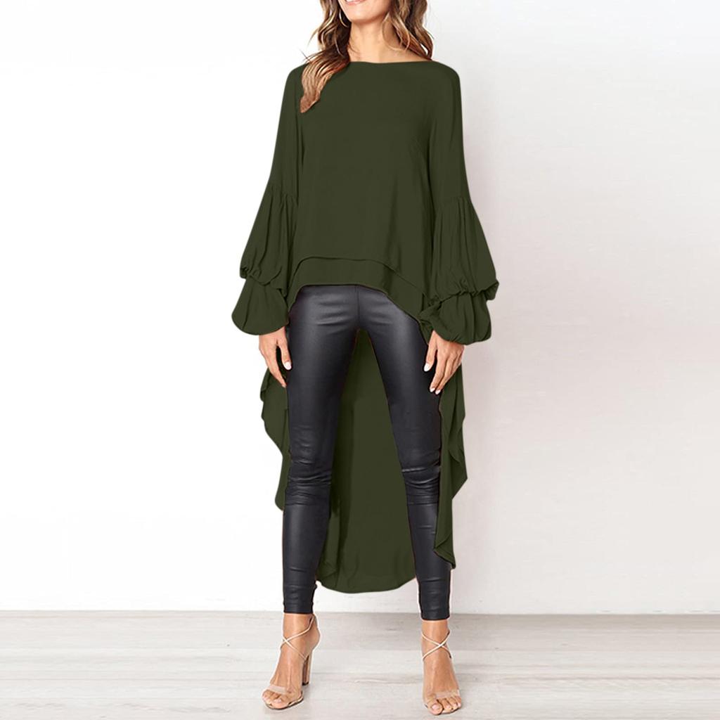 Women's Casual Loose Round Neck Long Sleeve High Hem Irregular Top Shirt