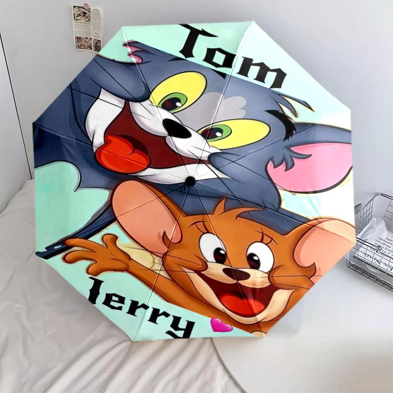 1pc Tom and Jerry pattern Umbrella Portable Folding Umbrella Iron Frame Hole Bone Structure Outdoor Home Umbrella