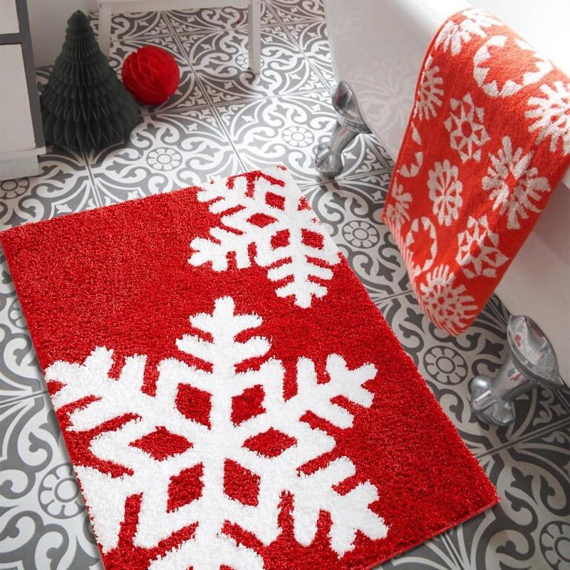 Red Christmas Print Faux Cashmere Bath Mat - Non-Slip Shower Rug & Festive Entryway Doormat