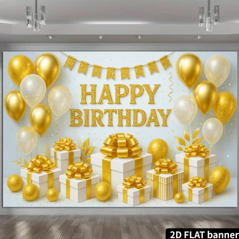 2D Neutral Gold White Birthday Backdrop with Shimmer Confetti & Balloon Garland