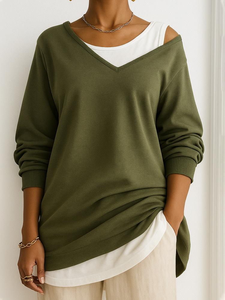 Casual V-Neck Long Sleeve Loose Pullover Mesh Fabric Multi-Coloured Womens Tops Sweatshirt Comfortable Fit Trendy Versatile for Spring Autumn