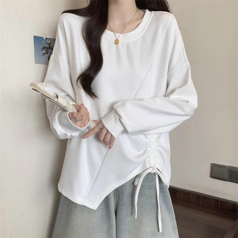 Необычная женская толстовка Корейская версия Свободная Однотонная Дизайн со шнурком Женская толстовка без капюшона Осень Повседневная Универсальная Женская с длинным рукавом XL белый