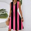 Women's Summer Fashion Loose V-Neck Sleeveless Lace-Up Striped Print Dress