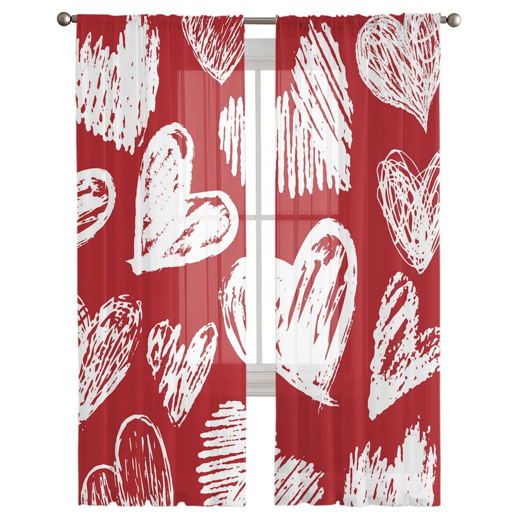 Valentinstag-Liebe, handgezeichnete Tüllvorhänge für Wohnzimmer, durchsichtiger Vorhang für Schlafzimmer, Küche, Jalousien, Voile-Vorhänge