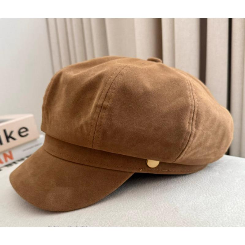 Japanese Brown Beret Female Autumn Leather Art Painter Hat Retro Newsboy Hat Slim British Octagonal Hat