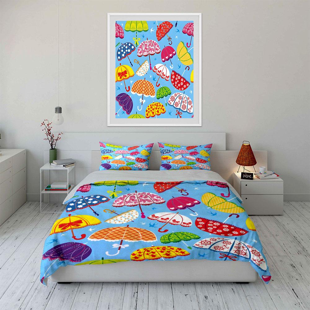 Colorful Umbrella Pattern Design Bedding Duvet Cover Set (1*Duvet Cover 2*Pillowcases, without duvet insert)