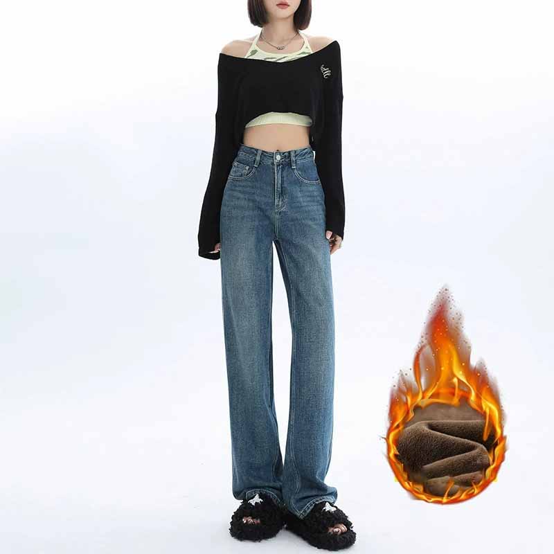 Winter Thick Women's Fleece Straight Jeans Casual Comfortable Soft Velvet Slim Pants Vintage Wide Plush Denim Trousers