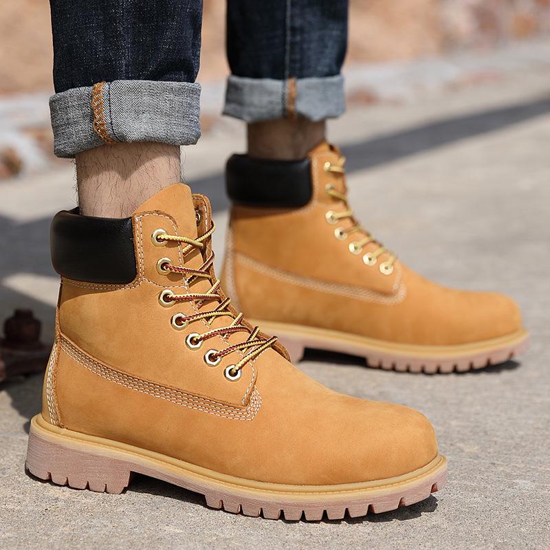 Unisex Yellow High-Top Waterproof Martin Boots – Trendy Autumn/Winter Cowhide Workwear for Couples