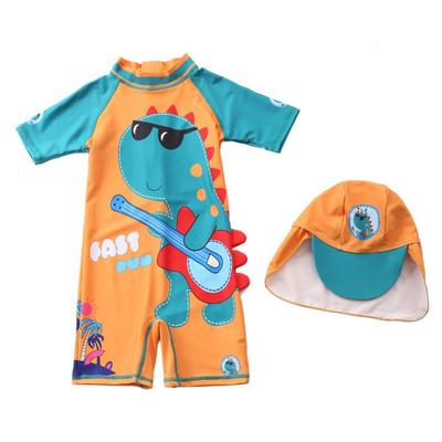 Batole Boys Rashguard Krátký rukáv Jednodílné plavky Roztomilý kreslený Dinosauří Rash Guard with Sun Klobouk UPF 50+ Sun Protection 1-7T