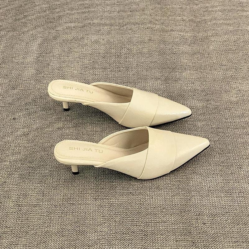 Simple Pointed Head High Heel Bag Head Half Slippers Women's Summer Fashion Versatile Casual Wear Solid Color Thin Heel Cool Slippers Tide