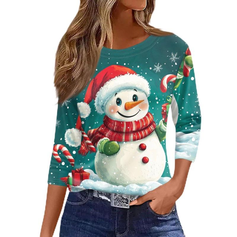 Women's 3D Snowman Printed Christmas Theme Round Neck Long Sleeve T-shirt Casual Comfortable Polyester Christmas Party Pullover