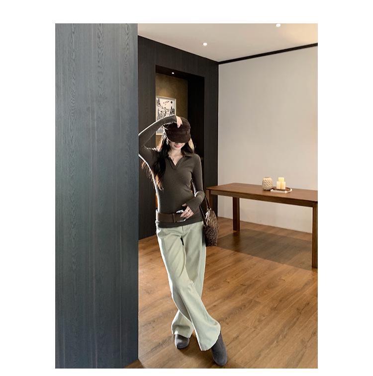 Elegant Korean Style Grey Slim Fit Lapel T-shirt: Women's Autumn/Winter Long Sleeve Base Layer Top