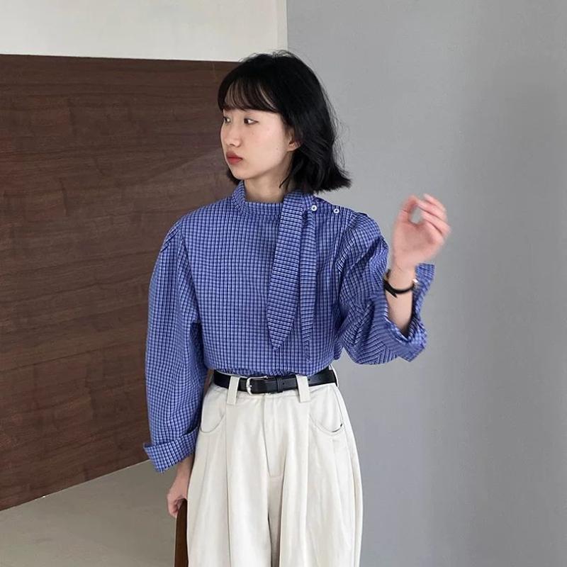 

Blue Checkered Lace Up Shirt for Women Korean Style Women s Long Sleeved Tops Chic Loose Temperament Female s Shirts M синий