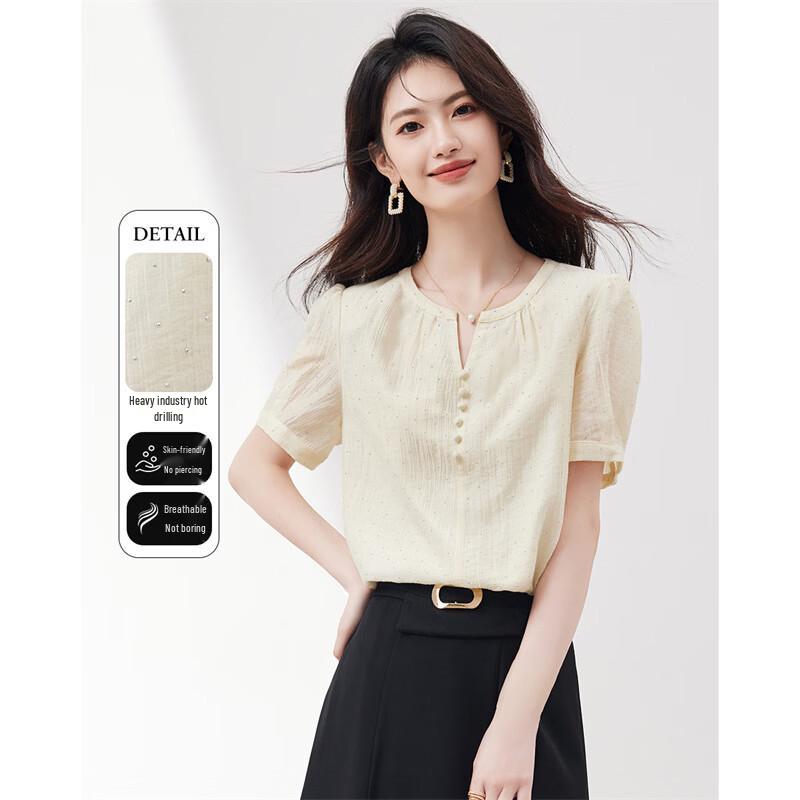 Women s French Style Rhinestone Round Neck Casual Shirt M