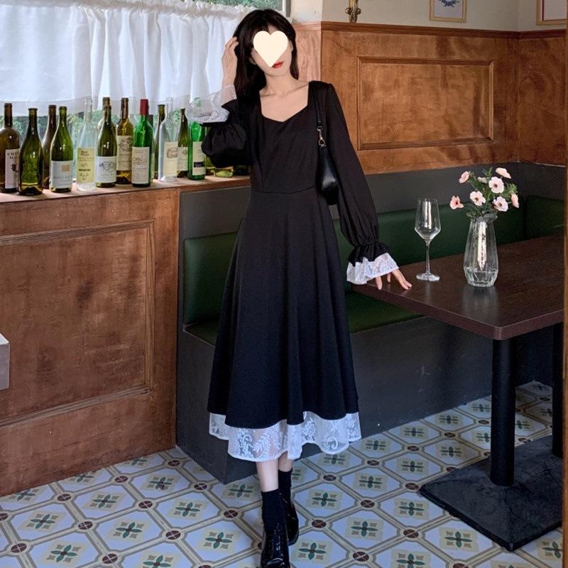 Early Autumn New Women's Fried Street Bow Waist Lace Bubble Sleeve Dress Dress Princess Dress