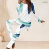 Women Plus Size Round Neck Long Sleeve Printed Longline Top Fitted Pants Two Piece Set White Blue Green