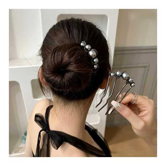 LeTradeJP 2-Piece U-Shaped Pearl Hair Comb Set - Elegant Black & White Alloy Hairpins for Updos, Ponytails, and Side-Swept Styles - Perfect for