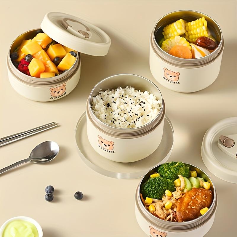 Cute Bear Pattern Stainless Steel Insulated Lunch Box, microwave-safe, multi-layer sealed portable bento box for students and office workers.