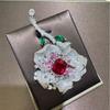 Rose Flower Brooch With Lab-Grown Ruby Full Pave Color Gems Evening Dress Pin Jewelry Women