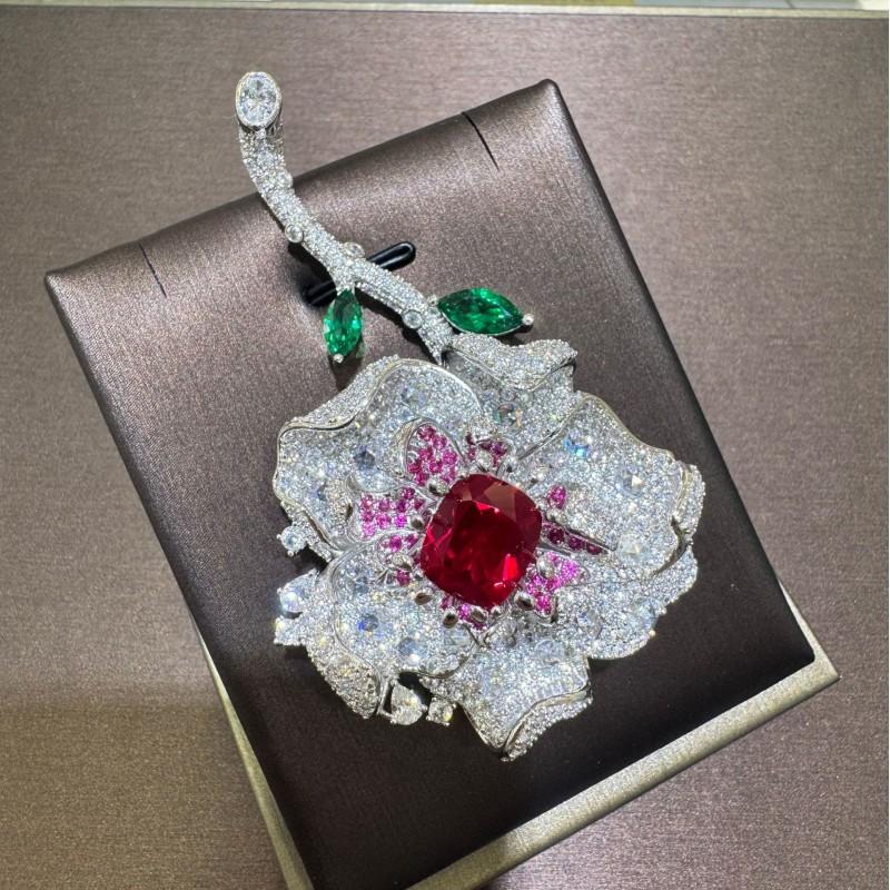 Rose Flower Brooch With Lab-Grown Ruby Full Pave Color Gems Evening Dress Pin Jewelry Women