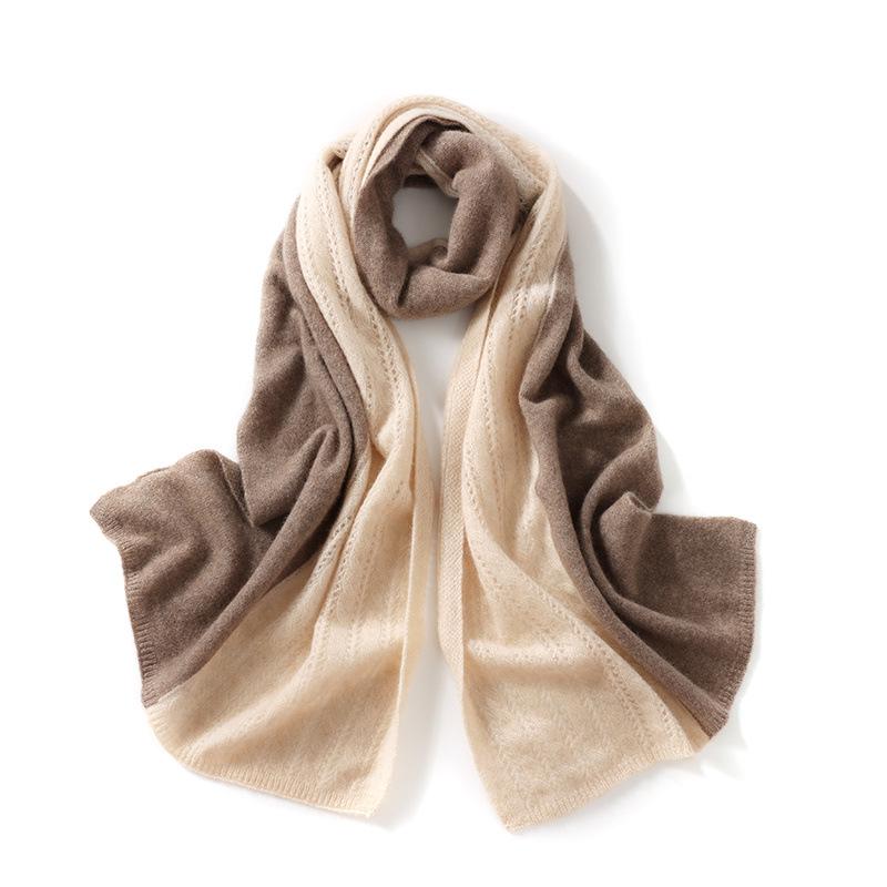 Women's 100% Pure Cashmere Scarf: Autumn/Winter Hollow-out Floral Color-Block Knit Shawl, Korean Style, Versatile and Warm.