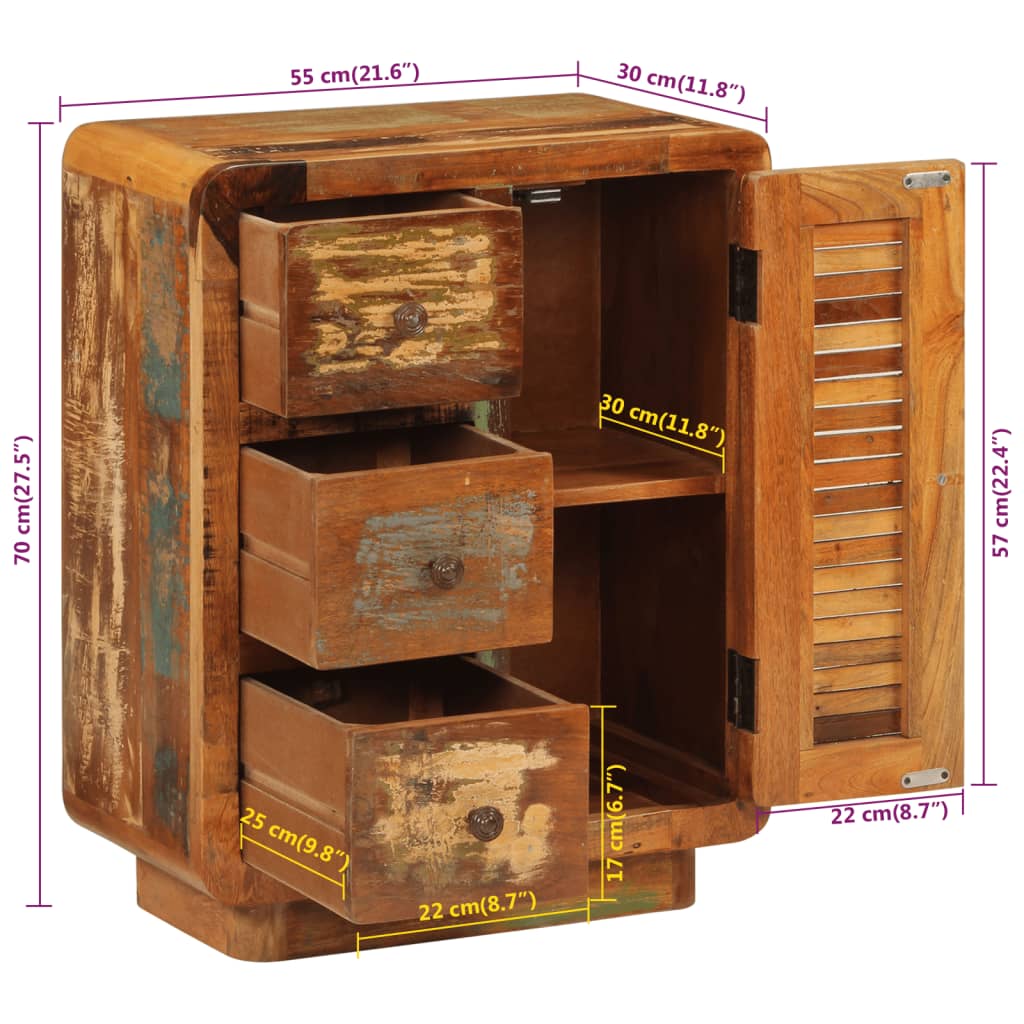 Sideboard with 3 Drawers 55 X 30 X 70 Cm Solid Reclaimed Wood