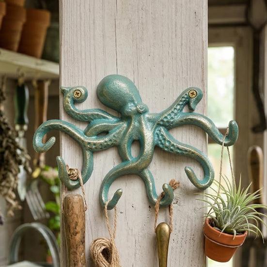 Gancho Decorativo para Abrigos de Pulpo de Hierro Fundido, Colgador de Metal Rústico para Ropa en Pared, Portarrollos para Toallas de Mano Náutico para Dormitorio Baño Cocina