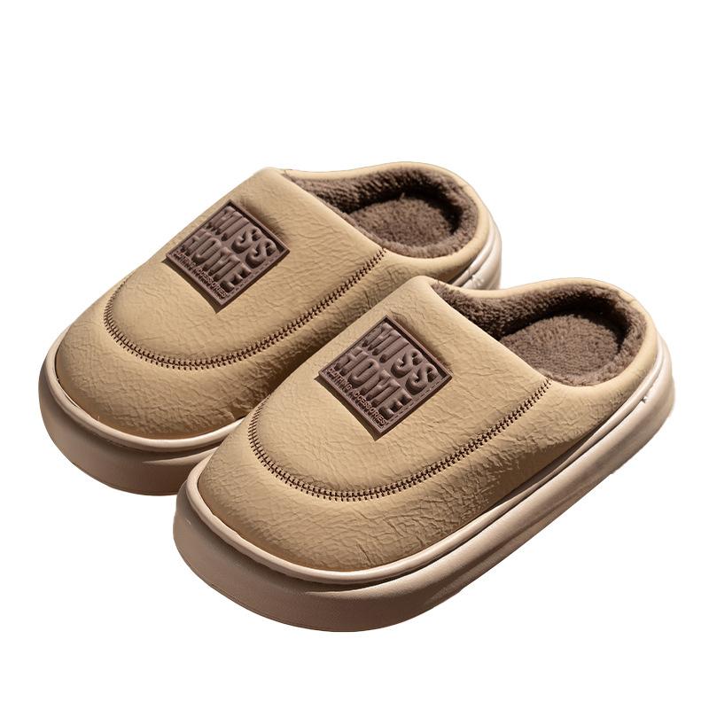 New Mid-to-high-end PU Leather Slippers Winter Couple Home Thick Bottom Heightening Velvet Warm Non-slip Cotton Slippers