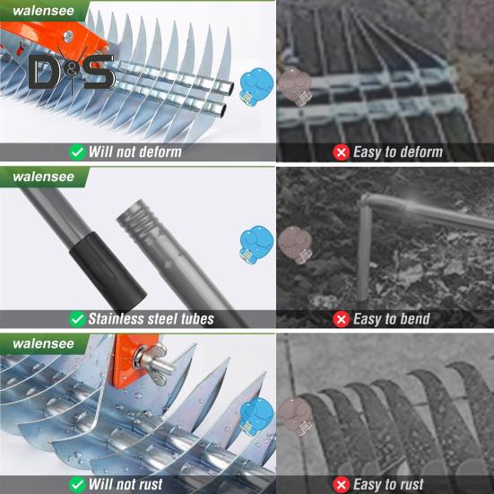 Weeding Rake Steel Thatch Rake with Adjustable Double-Sided Rake Tine Detachable Long Handle Garden Grass Grooming Rake for Healthy Lawn