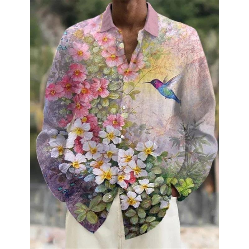 Herrenhemd Leinenhemd Blumendruck Turndown Outdoor Straße Langarm Bekleidung Leinen Mode Streetwear Designer