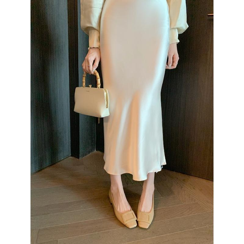 Sheepskin version~ genuine leather square head square buckle shallow mouth ol commuting thick heel single shoes women's high heels wedding shoes