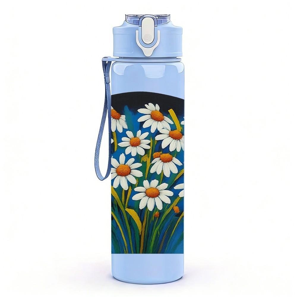 1PC Daisy Flower Window Frame Print 750ml Color Plastic Sports Water Bottle Leakproof Flip Straw Lid Suitable for Sports Office Home Use