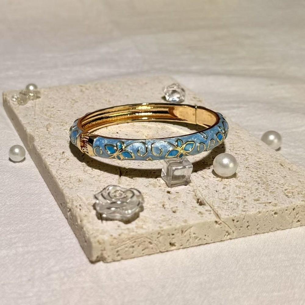 Spring Button Open Cuff Bracelet Colorful Dainty Jewelry Vintage Four-leaf Clover Bangle  for Women