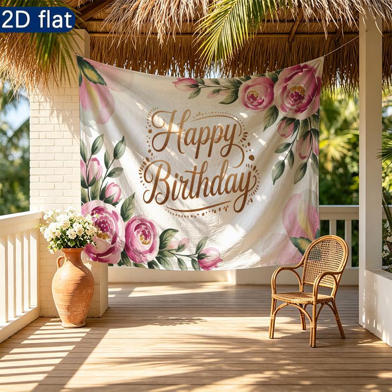Floral Gifts Watercolor Themed Birthday Photo Backdrop, Polyester Banner for Home Room Wall Decor