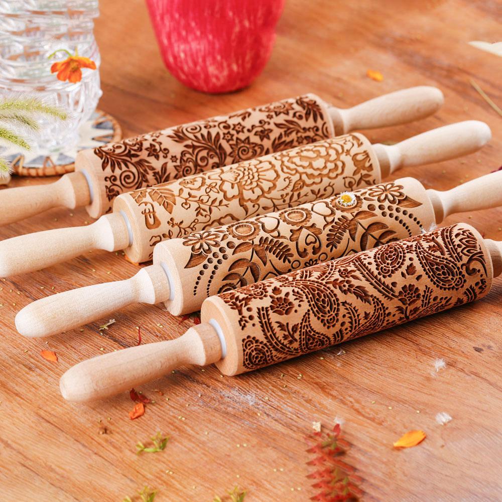 1 Pcs Wooden Sunflower Embossed Rolling Pin with Pattern for Kitchen Pastry Baking Tools Deep Engraving Cookies Stamp Tool
